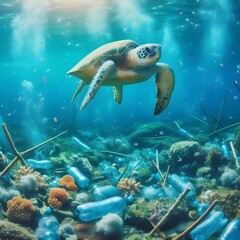 A sea turtle swimming in the ocean surrounded by plastic bags floating near the surface