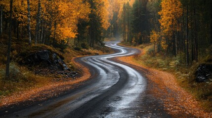 Fototapeta premium Autumn road landscape in beautiful nature travel. Mountain road scenery. Fall highway in colorful forest. Nature trip photo