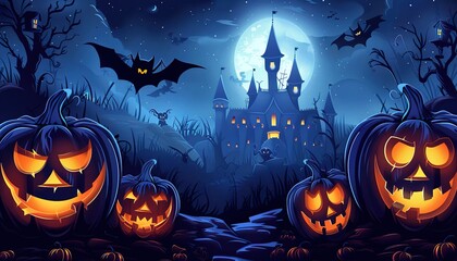 Halloween pumpkins and castle background, scary illustration
