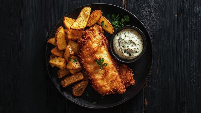 Crispy Fish and Chips on Black Wooden Plate with Sauce
