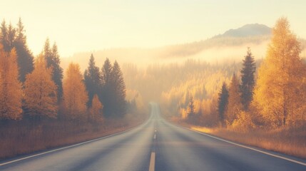 Fototapeta premium Autumn road landscape in beautiful nature travel. Mountain road scenery. Fall highway in colorful forest. Nature trip photo