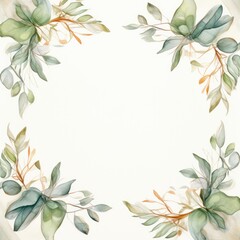 Leaves and flowers frame background with space for text, design. Invitation and greeting cards. Copy space. Botanical elegance. Aesthetic appearance. Cozy atmosphere