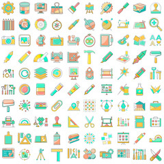 100 Creative Tools Icons Set in Bright Colors for Artistic and Design Projects