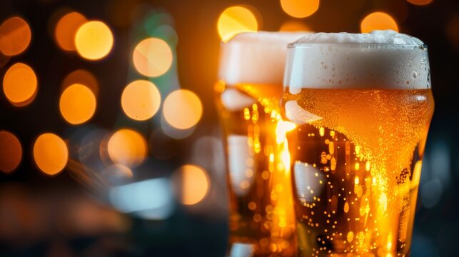 two glasses of fresh light tasty beer stand against a bokeh background, for Oktoberfest festivities