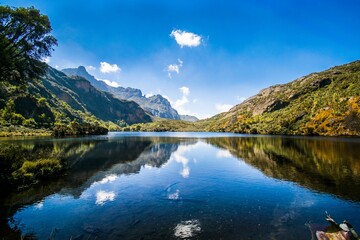 Mountain landscape with lake and clear blue sky.