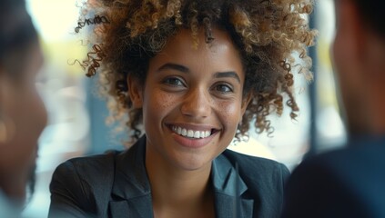 Woman in professional attire, smiling with confidence during an job interview. Candidate best top applicant