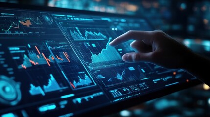 Futuristic touchscreen filled with dynamic data charts and graphs electronics hardware monitor.