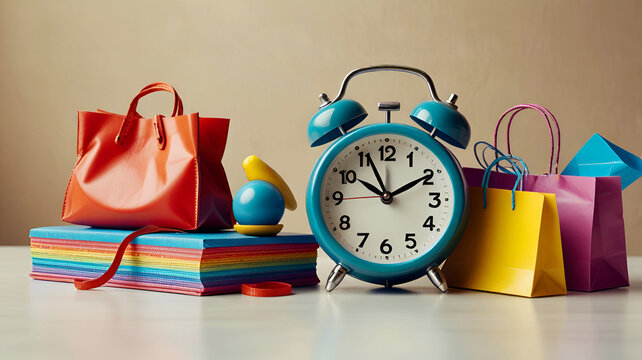 Sales concept with alarm clock and colorful shopping bags, clock and gift boxes. Ai generative
