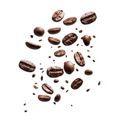 Fototapeta premium Coffee beans falling on transparent background. Flying defocusing coffee grains. Applicable for cafe advertising, package, menu design.