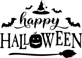 Happy halloween sign with bat, pumpkin, witch hat