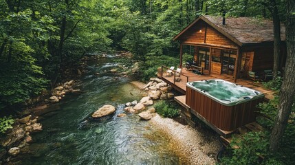 A wooden cabin in the woods with an outdoor hot tub and deck, surrounded by trees. A stream is flowing through it with rocks on both sides 