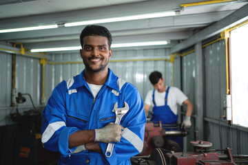 A man in a blue uniform is holding a wrench and smiling. He is standing in a workshop with another man