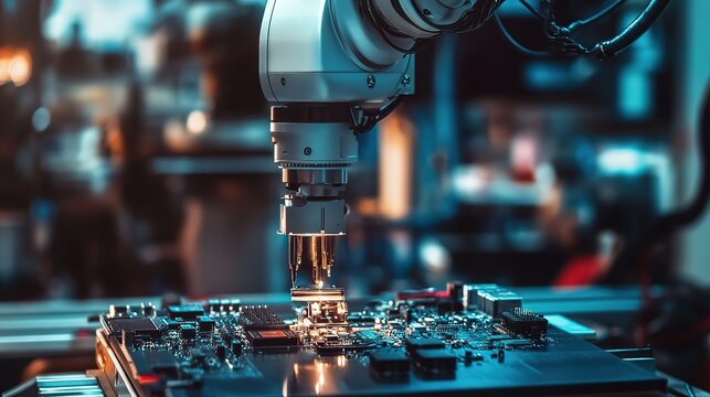 A close-up of a robotic arm assembling electronic components with precision