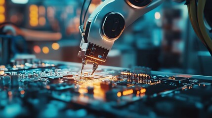 A close-up of a robotic arm assembling electronic components with precision