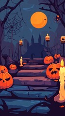 Fototapeta premium Flat vector style halloween themed background, pumpkins, candles, spider webs and skulls, macabre atmosphere 