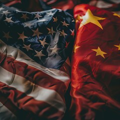 American and Chinese Flags Touching in Close Up