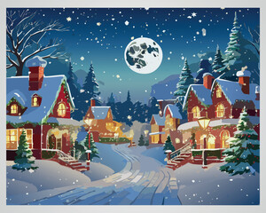 Naklejka premium Christmas Village at Night: Festive Holiday Scene with Tree and Reindeer