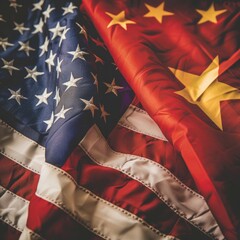 American and Chinese Flags Overlapping in a Close-Up Image