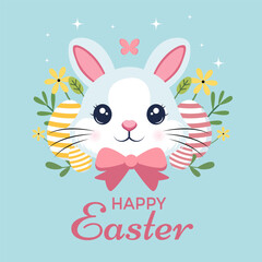 Easter card with bunny, eggs and flowers