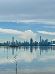 Fototapeta premium Serene coastal landscape of Deep Bay Wetlands in Hong Kong