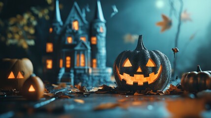 Halloween themed background with castle, scary atmosphere, lots of details