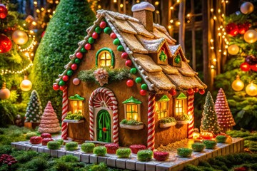 A beautifully decorated gingerbread house surrounded by festive lights and Christmas trees, capturing the magic of the holiday season.