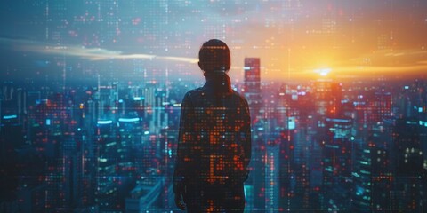  Woman analyzing data on a futuristic digital screen with glowing network visuals, while colleagues work in the background in a modern office environment