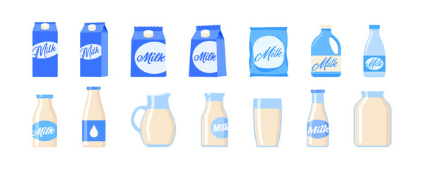 Milk pack. Milk bottle icon set. Flat style. Vector