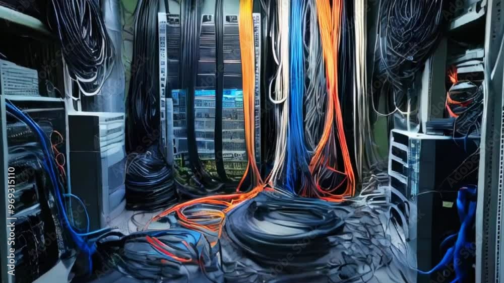 Poster A messy server room with tangled cables and wires.