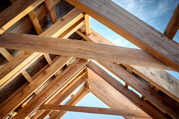 Wood roof trusses constructed with construction framing beams timber. 