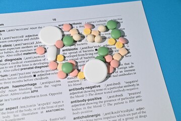 Close-up of assorted colorful antibiotic pills and tablets scattered on a medical dictionary page