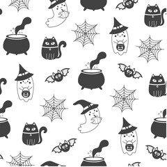 Halloween seamless pattern. Cute ghosts, spider web, bats, witch's brew and black cat on white background. Halloween silhouettes. Holiday cartoon seamless pattern.