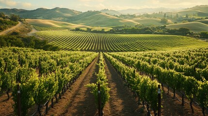 Naklejka premium A picturesque vineyard with neatly arranged grapevines and rolling hills in the background, capturing the charm and beauty of the countryside