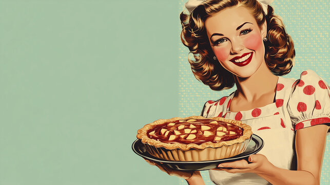 A vintage commercial style illustration of a perfect retro style traditional housewife in candy colours, smiling and holding a fresh baked pie.  Wide landscape 16:9 with copy space, text blank