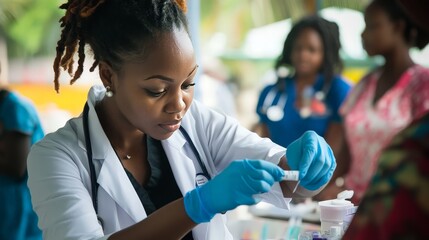 A public health worker administering health screenings at a community clinic, with emphasis on accessibility and community health services.