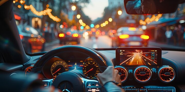 Driver navigating through busy city streets in the evening with illuminated dashboard, bokeh lights, and navigation display on screen