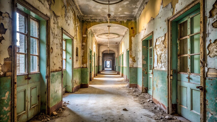 Fototapeta premium The corridor of an old, abandoned hospital, with its shabby walls and doors, represents the architecture of an aged and forgotten building, ideal for your design.