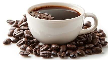 White Coffee Cup Filled with Hot Coffee, Surrounded by Roasted Coffee Beans on White Background