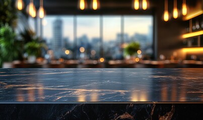 A blurred restaurant interior with a dark marble countertop in the foreground.