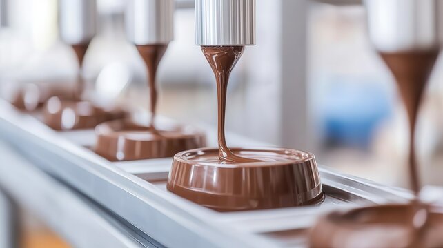 Liquid chocolate flowing through pipes into molds in a production line, Chocolate factory, mass production, confectionery process