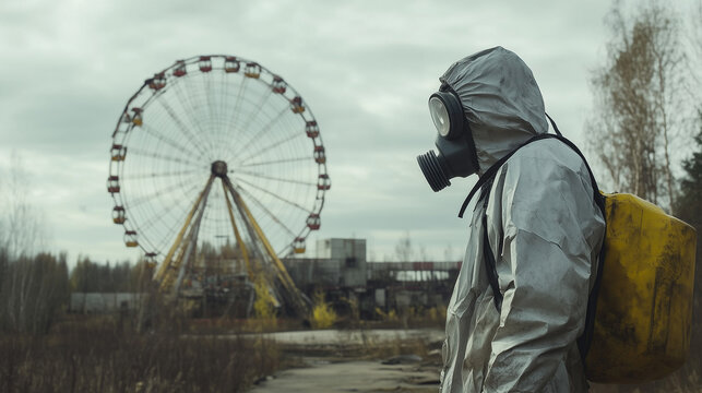 man wearing gas mask and protective suit for radioactive radiation visiting chernobyl ukraine after nuclear desaster