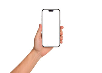 Hand showing smartphone with blank screen isolated on white background. Concept for business finance, Technology concept, Product advertising concept and Marketing concept. High quality image for you.