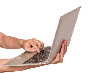 Hand using Laptop computer with blank screen isolated on white background. Concept for business finance, Technology concept, Product advertising concept and Marketing concept. High quality image for y