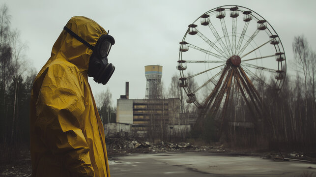 man wearing gas mask and protective suit for radioactive radiation visiting chernobyl ukraine after nuclear desaster