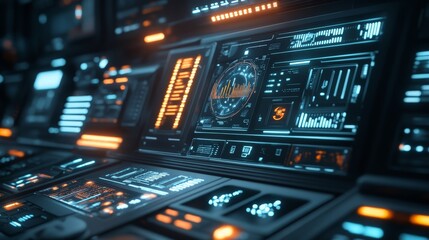 Obraz premium A sleek, futuristic holographic interface illuminated with neon lights floats in a high-tech workspace.