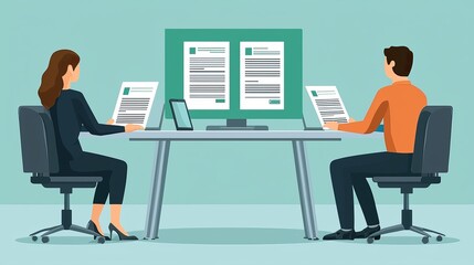 A flat design image of a recruiter evaluating resumes in a team setting, highlighting skills and talent acquisition. Flat design