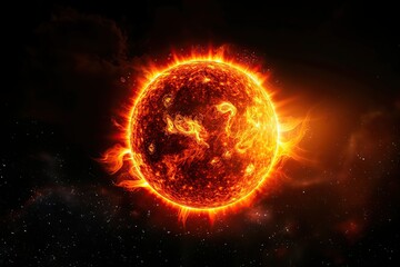 Bright sun against dark starry sky in Solar System. Sun in Space. Solar Surface Activity, Corona. Heatwave hot sun. Climate Change. Global Warming. Temperature of Summer season. Geomagnetic storm