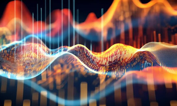 Abstract representation of data visualizations with vibrant waves and glowing particles.