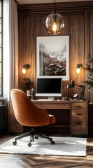 Stylish Home Office Illustration - Wood Paneling, Orange Velvet Chair, Wooden Desk, Home Decor