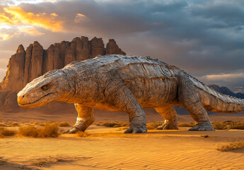 A large dinosaur walking across a desert landscape